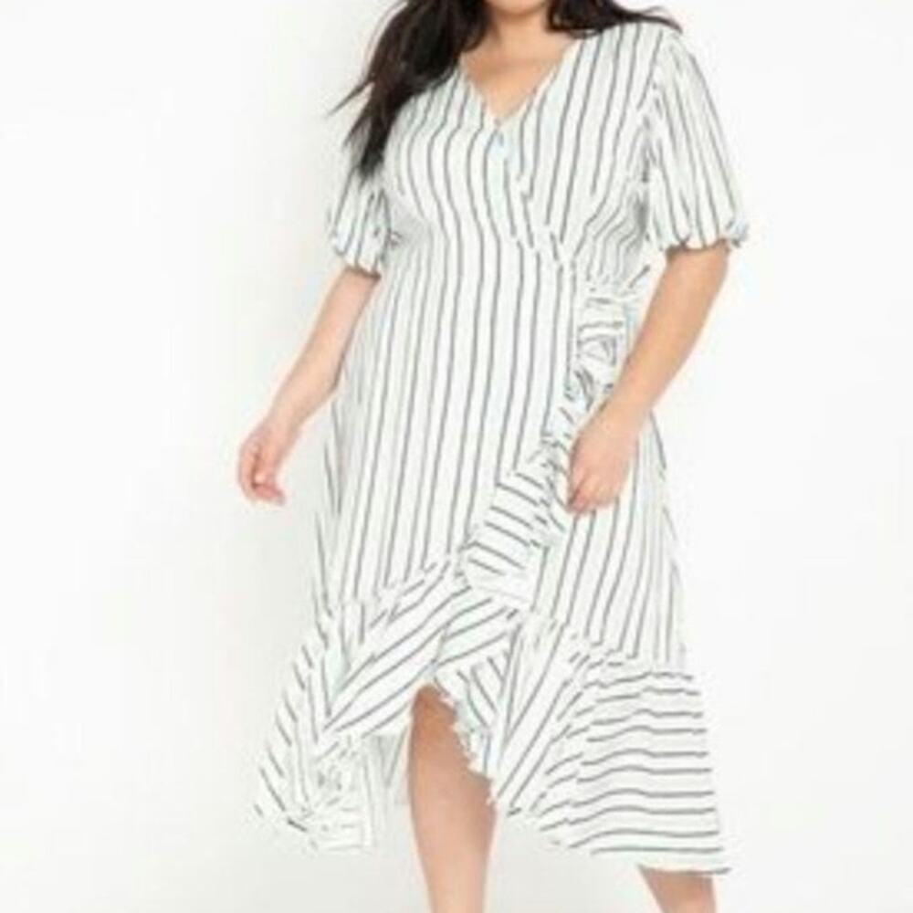 NWT Eloquii Striped Ruffle Hem Short Puff Sleeve Midi Wrap Dress